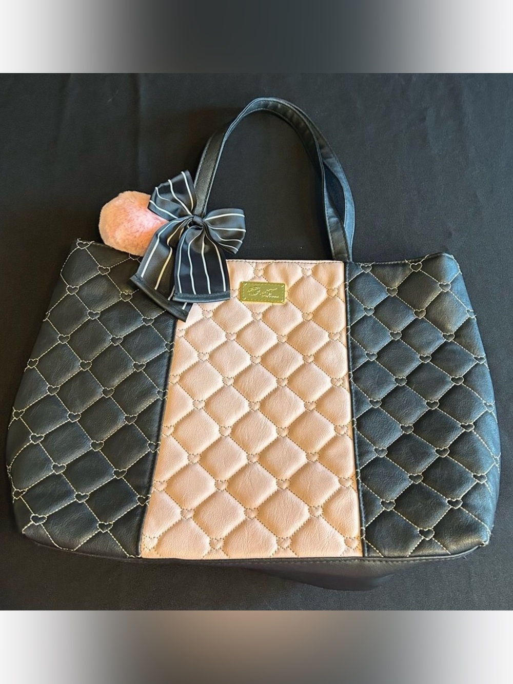 Betsey Johnson Elegant Black and Pink Quilted Tote Bag Excellent Condition